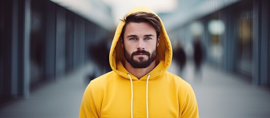 Sticker - Confident Young Man in a Vibrant Yellow Hoodie Standing in a Bright Hallway