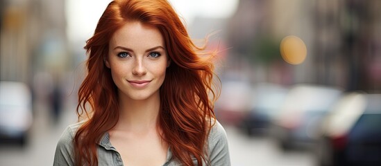 Wall Mural - Captivating Woman with Fiery Red Hair and Mesmerizing Blue Eyes