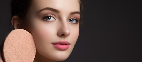 Poster - Elegant woman applying pink makeup with a soft brush for a glamorous look