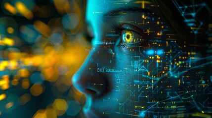 Poster - AI robot on abstract background, side view of humanoid cyborg head and light of mind. Futuristic innovation in world of technology. Concept of science, digital art, future.