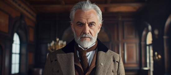 Wall Mural - Portrait of a Mature Gentleman with a Snowy White Beard in a Rustic Brown Jacket