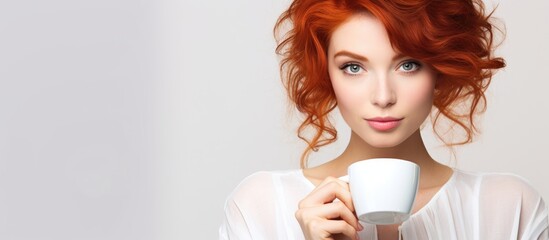 Sticker - Vibrant Woman with Fiery Red Hair Enjoying a Relaxing Moment Holding a Cup