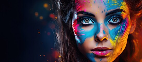 Poster - Vibrant Woman Embracing Colorful Creativity with Bright Makeup and Artistic Paint Streaks