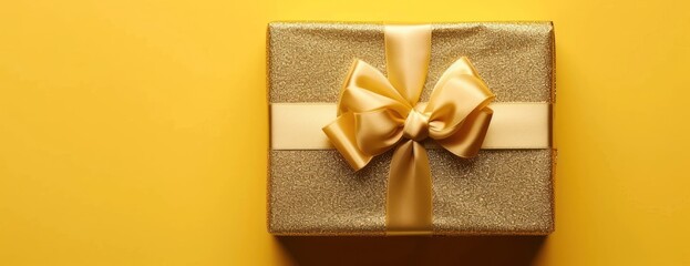 Wall Mural - gift box with golden satin ribbon and bow on yellow background holiday gift with birthday o