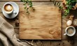 Wooden cutting board with cup of coffee on table, top view