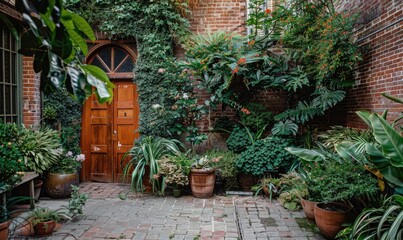 Wall Mural - Wooden door in the courtyard of a house with plants and flowers