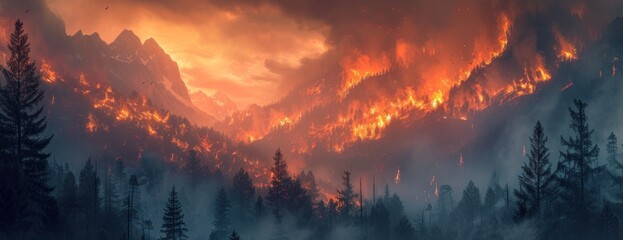 Wall Mural - forest fire in the mountains
