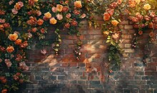 Beautiful Roses On Brick Wall Background With Copy Space. 