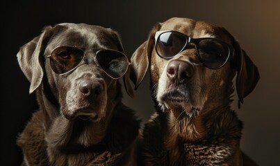 Wall Mural - Portrait of two cute dogs with sunglasses on dark background, closeup
