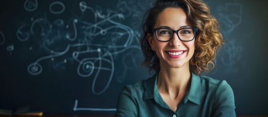 Poster - Joyful Woman with Glasses Smiling Beautifully at the Camera in a Cheerful Portrait