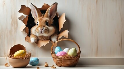 Wall Mural - Easter bunny poster peeking out of a hole in the wall, rabbit jumps out of a torn hole