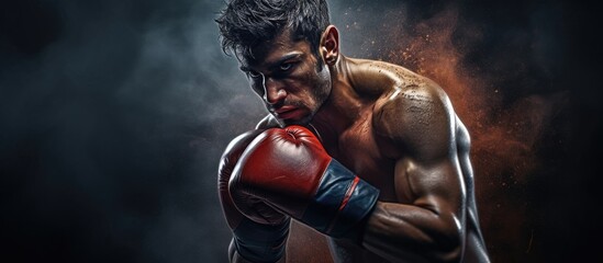 Poster - Intense Fighter Wearing Red Boxing Glove Ready for a Powerful Punch in the Ring