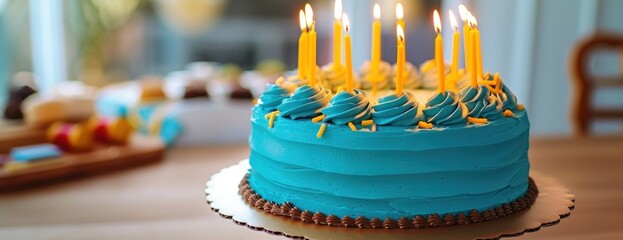 birthday cake with blue frosting and yellow birthday candles ready for a birthday party blue 