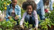 © doraclub - A smiling young girl with curly hair plants a seedling in a community garden, with fellow gardeners working in the background.