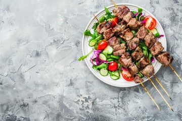 Poster - Grilled skewer meat beef kebabs on sticks served with fresh vegetables salad on plate on rustic concrete background from above. 