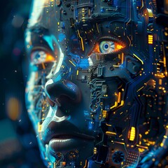 Poster - AI robot on abstract background, side view of humanoid cyborg head and light of mind. Futuristic innovation in world of technology. Concept of science, digital art, future.
