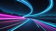 Warp speed blue neon lights motion on a winding curved road from Generative AI