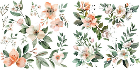 Wall Mural - Vector watercolor floral illustration bouquet set - green leaves