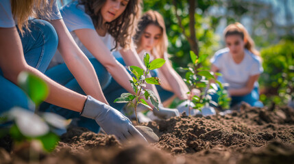 Close up of young women volunteers planting trees in the garden, group community work for environment protection and nature.