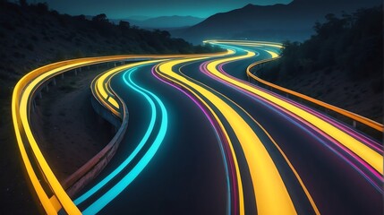 Wall Mural - Warp speed yellow neon lights motion on a winding curved road from Generative AI