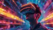 Man Exploring Futuristic Visuals with Virtual Reality Glasses, To convey the sense of exploration and innovation in the field of virtual reality