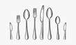 Cooking. Hand-drawn set of kitchen tools - spoon, fork, knife, bottle opener, teaspoon