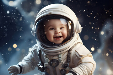 portrait of a cute baby cosmonaut or astronaut in open space blurred background. high quality photo
