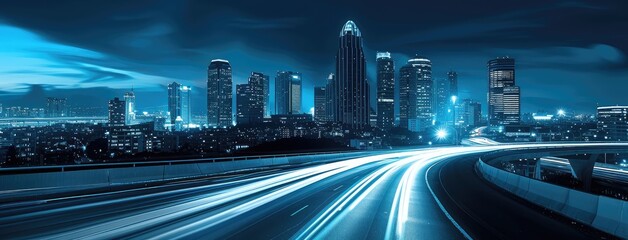 Wall Mural - Futuristic Cityscape with Glowing Traffic at Night