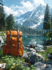 Sticker - A large orange backpack is sitting on the grass next to a body of water