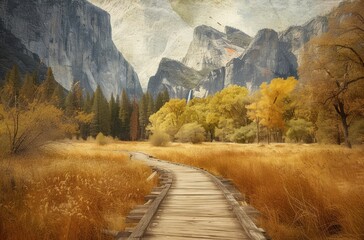 Wall Mural - Serene Autumn Walkway in Mountainous Landscape