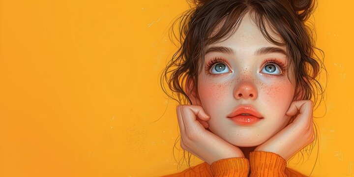 a cute and curious preteen girl in a portrait, showcasing beauty, style, and a dreamy expression.