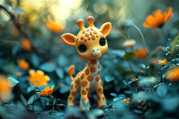 Poster - A giraffe is standing in a field of flowers