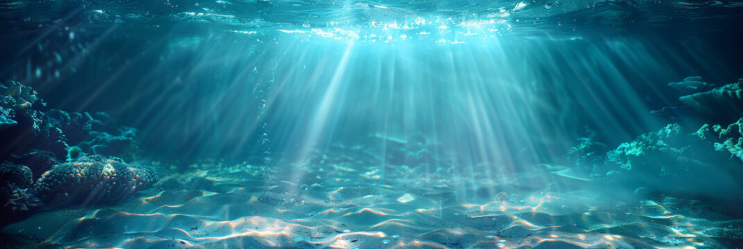 underwater scene with rays of light and sun, underwater blue sea water with sunlight background land