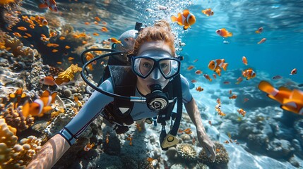 Wall Mural - Scuba diver swimming underwater, pristine white sand under tropical sea clear blue, Colorful coral reef, snorkeling amongst many clownfish