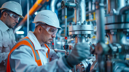 Professional workers in high-visibility clothing inspecting machinery.