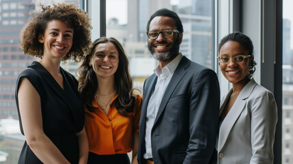 Four professionals smiling in an office setting