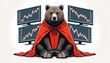 Cartoon bear in a red cape sits in front of monitors showing stock market trends symbolizing market downturn