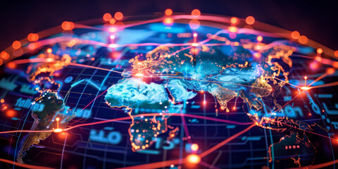 Poster - a digital map of europe with glowing connections between cities, representing global network and con