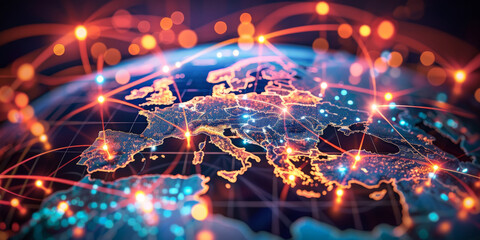 Poster - a digital map of europe with glowing connections between cities, representing global network and con