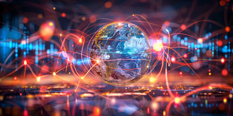 Poster - 3D rendering of the Earth surrounded glowing data connections, representing global digital connectivity and cyber technology network