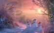 Snowmen Family Enjoying Sunset in Winter Wonderland