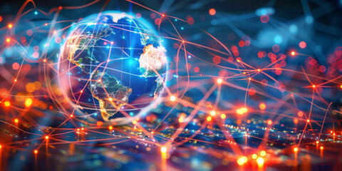 Poster - 3D rendering of the Earth surrounded glowing data connections, representing global digital connectivity and cyber technology network