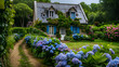 © Malaika - Beautiful garden with hydrangeas in Brittany. generative ai