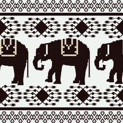 Wall Mural - Elephant pattern Thai ethnic tribal traditional ornament seamless pattern, Thai elephant traditional ethnic pixel pattern, ornament, textile illustration design for wrap, textile, silk, fabric, ikat