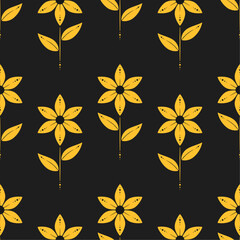 Wall Mural - Yellow dotted flowers on black background. Vector seamless pattern. Best for textile, wallpapers, wrapping paper, package and your design.