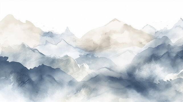 Watercolor landscape background with soft blue hues and a misty mountain range