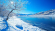 © marie - Splendeur hivernale : Lac gelé sous un ciel bleu azur et soleil radieux