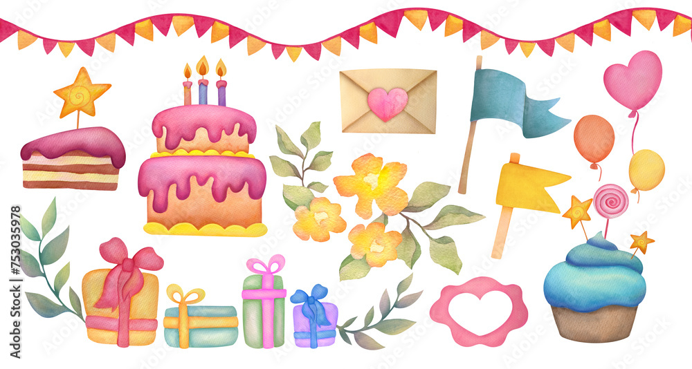 huge watercolor illustration set of birthday party elements isolated on ...