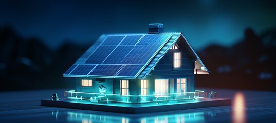 Wall Mural - Futuristic smart home 3d model with solar panels for renewable energy concepts on blurred background