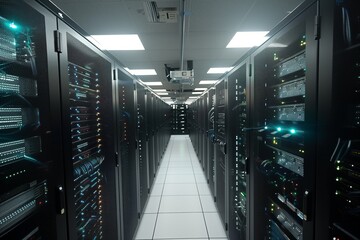 Poster - Modern data center with efficient lighting and server racks.